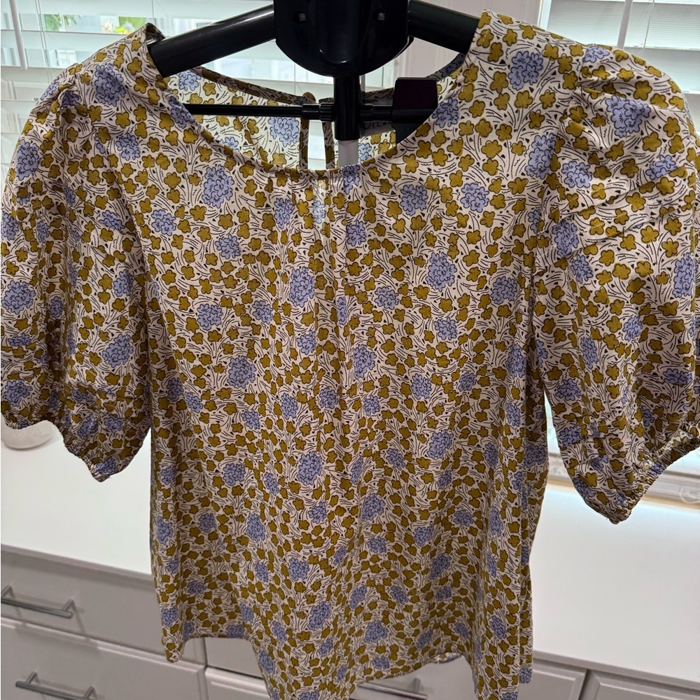 Floral Puff-Sleeve Blouse in Green and Light Blue
